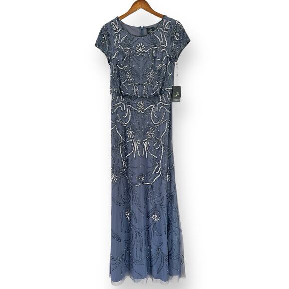 NEW Adrianna Papell Beaded Gown Dusty Blue Womens Size 4 Sequin Formal Wedding - Picture 3 of 13